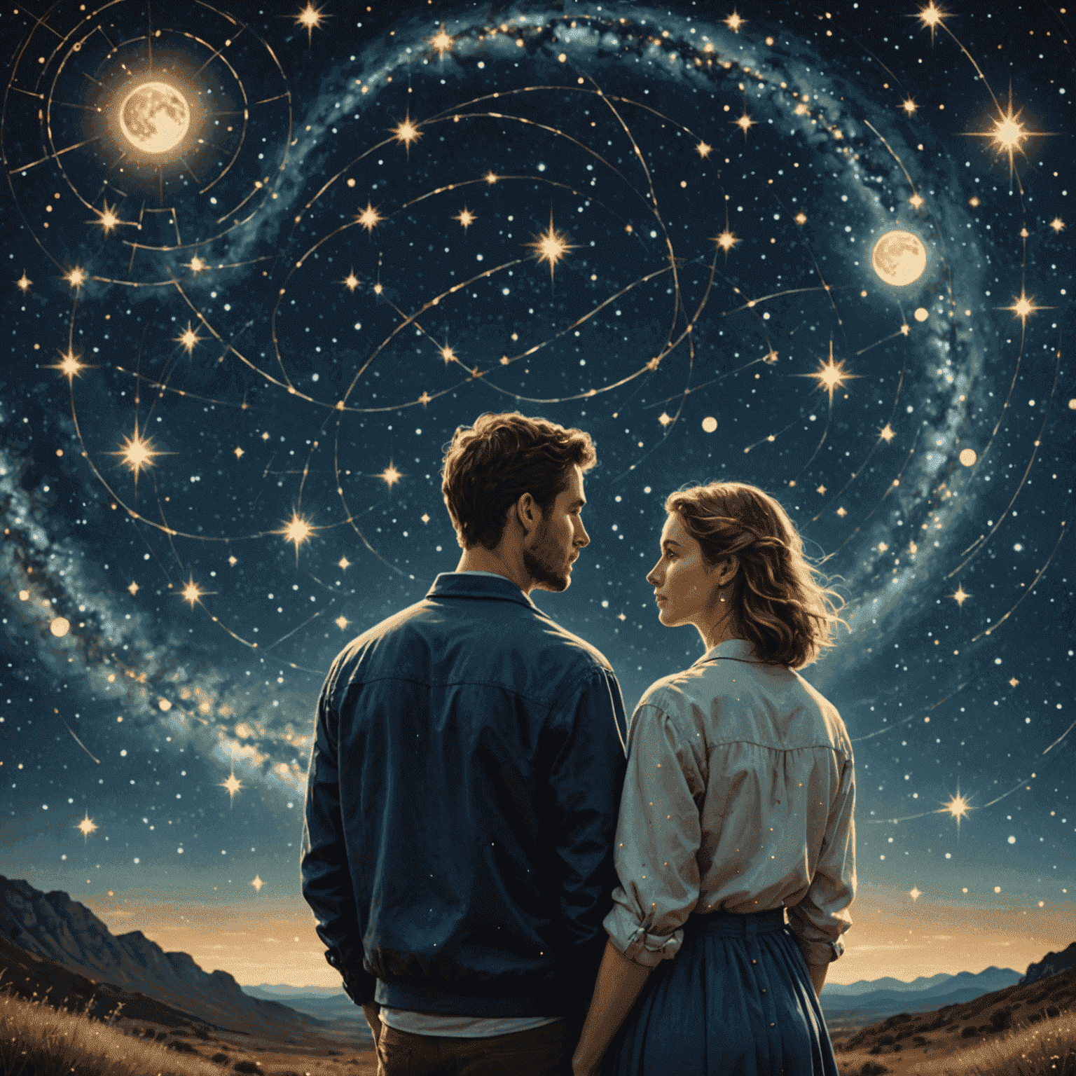 Imagen de una pareja mirando las estrellas, con símbolos astrológicos flotando suavemente alrededor de ellos