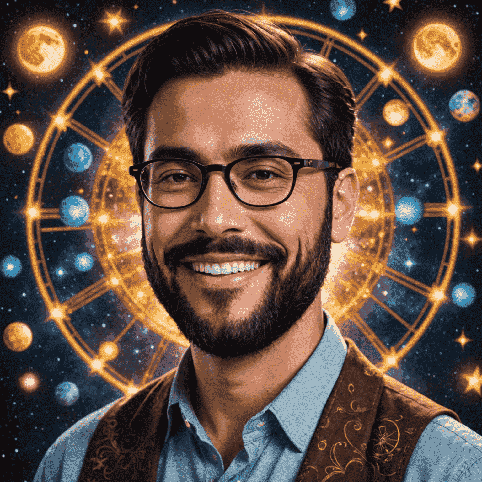 Foto de Carlos Luna, especialista en horóscopos personales con barba y gafas, sonriendo amablemente